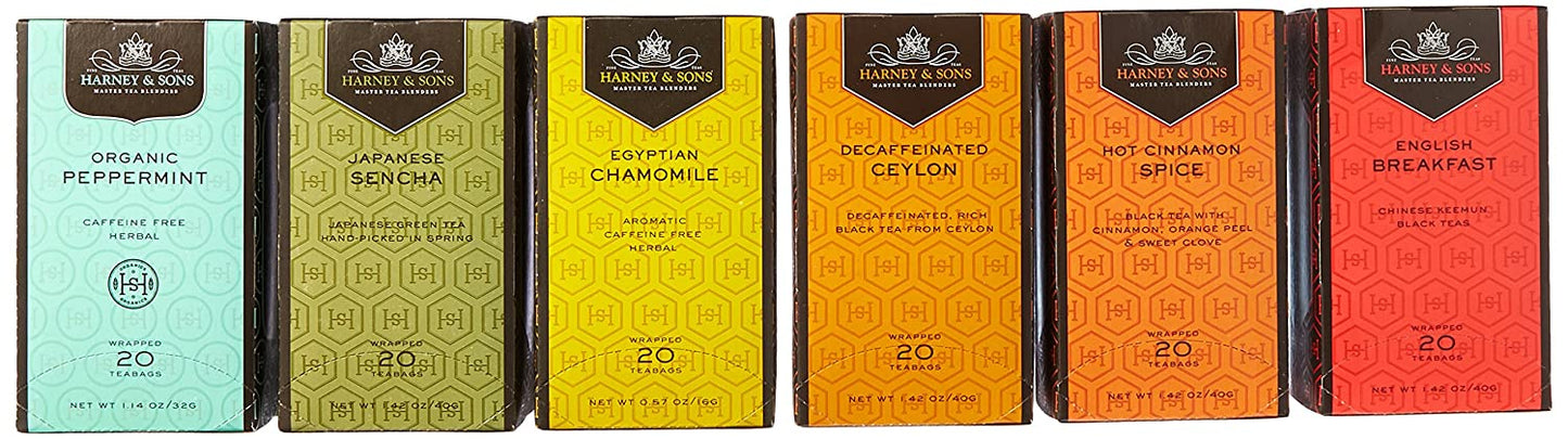 Harney & Sons Variety Pack Premium Tea Bags, 6 Flavors, 20 Tea Bags Each, (Egyptian Chamomile, English Breakfast, Hot Cinnamon Spice, Organic Peppermint, Japanese Sencha, Decaffeinated Ceylon )