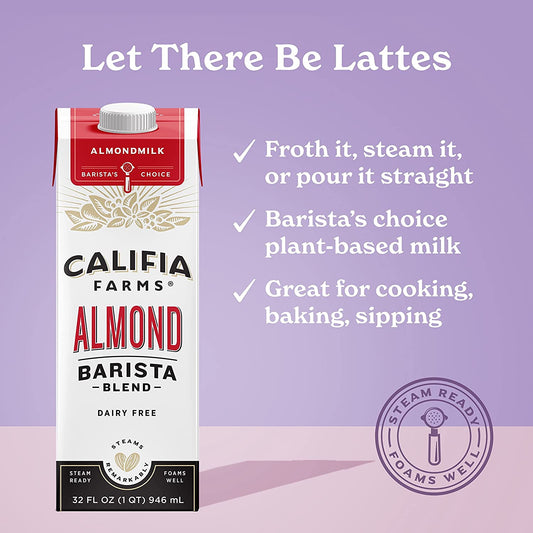 Califia Farms - Almond Milk, Original Barista Blend, 32 Oz (Pack of 6) | Shelf Stable | Dairy Free | Nut Milk | Creamer | Plant Based | Vegan | Non-GMO | Gluten Free