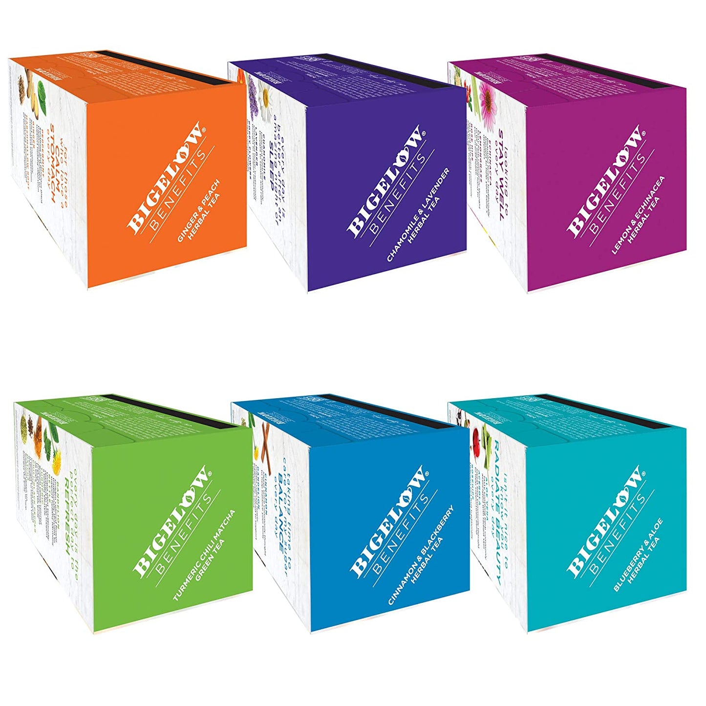 Bigelow Tea Benefits Wellness Teabag Variety Pack, Mixed Caffeinated Green Matcha & Caffeine-Free Herbal Tea, 18 Count Box (Pack of 6) 108 Tea Bags Total