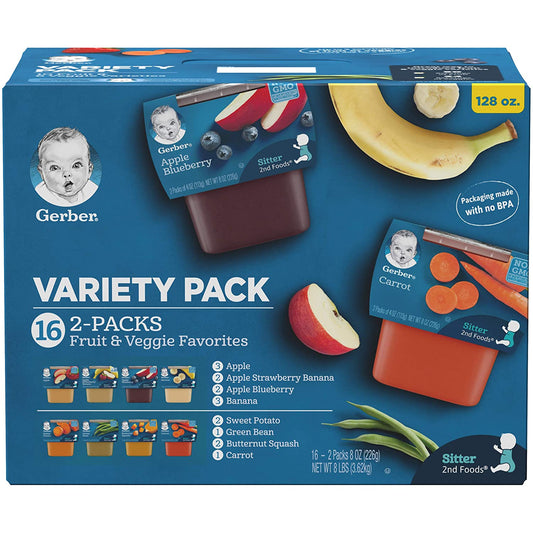 Gerber Baby Food 2nd Foods Variety Pack, Fruit & Veggie Puree Favorites, 8 Ounce Tubs, 2-Pack (Pack of 16)
