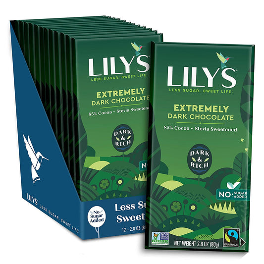 Extremely Dark Chocolate Bar by Lily's | Made with Stevia, No Added Sugar, Low-Carb, Keto Friendly | 85% Cocoa | Fair Trade, Gluten-Free & Non-GMO | 2.8 ounce, 12-Pack