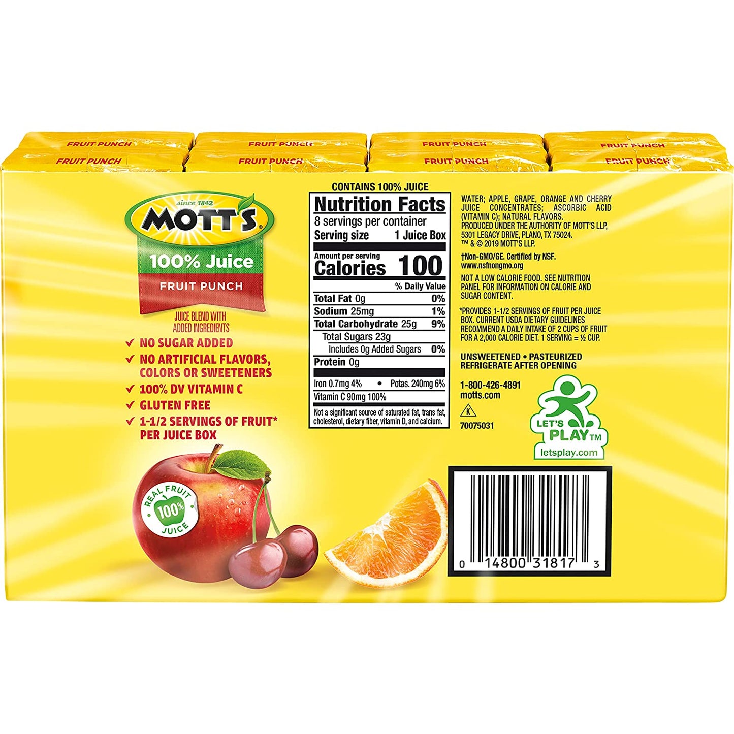Mott's 100 percent Fruit Punch Juice, 6.75 fl oz boxes (Pack of 32)