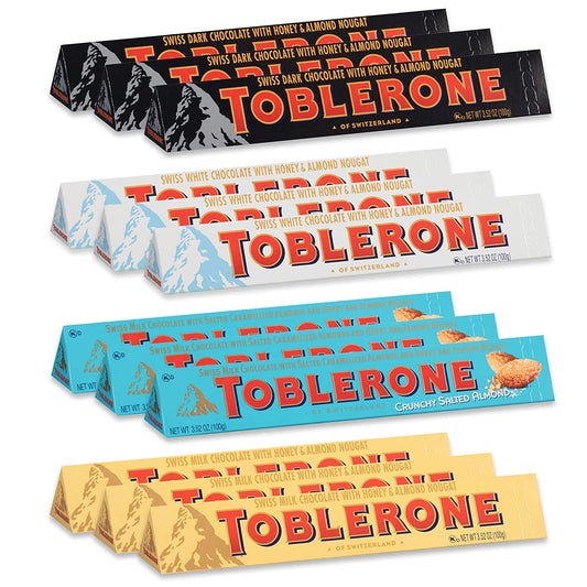 Toblerone Swiss Chocolate Variety Pack, Milk Chocolate, Dark Chocolate, White Chocolate & Crunchy Salted Caramelized Almond, Easter Chocolate, 12 - 3.52 oz Bars