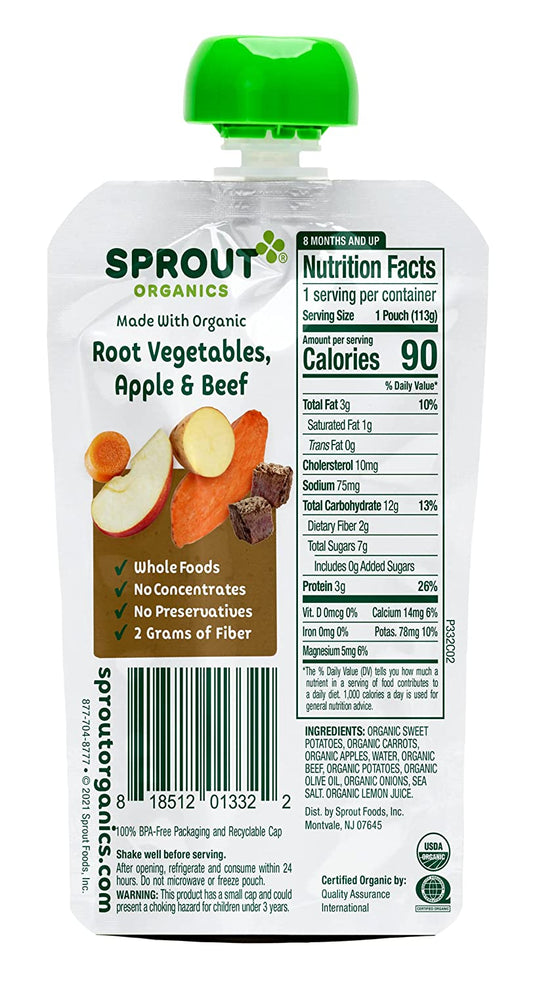 Sprout Organic Baby Food Pouches Stage 3, Root Vegetables Apple w/ Beef, 4 Pouches (Pack of 6)