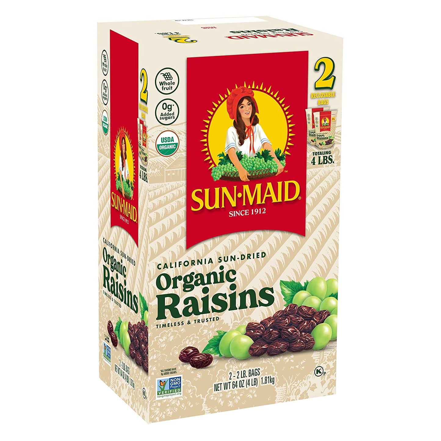 Sun-Maid - Organic California Raisins Snack - 32 Ounces - Pack of 2 - Whole Natural Dried Fruit - No Sugar Added - Naturally Gluten Free - Non-GMO - Vegan And Vegetarian Friendly