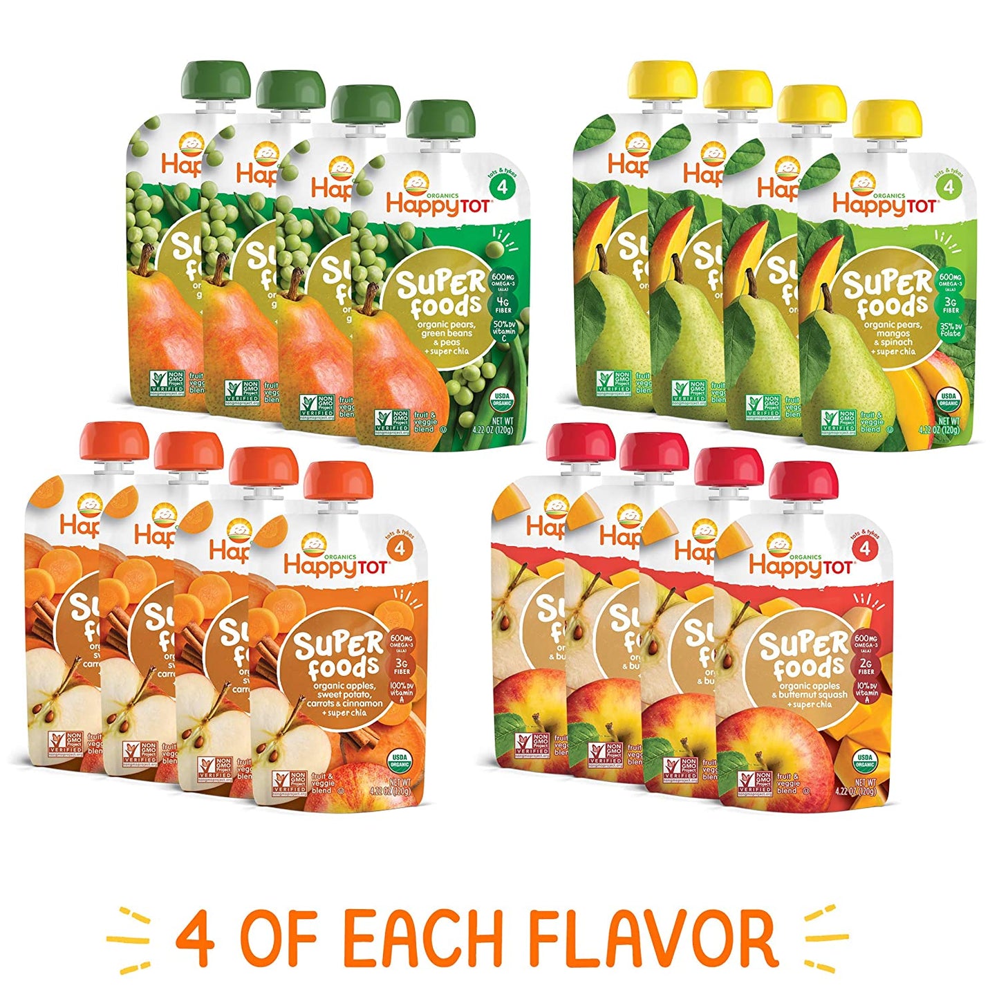 Happy Tot Organics Super Foods Stage 4, Super Foods Variety Pack, 4.22 Ounce Pouch (Pack of 16) packaging may vary