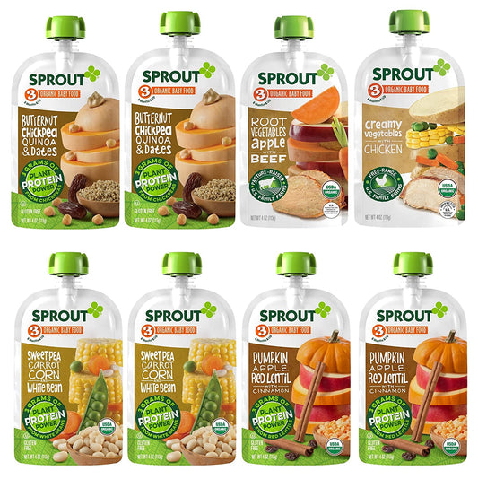 Sprout Organic Baby Food, Stage 3 Pouches, 8 Flavor Meat & Plant Protein Variety Pack, 4 Oz Purees (Pack of 12), Packaging May Vary