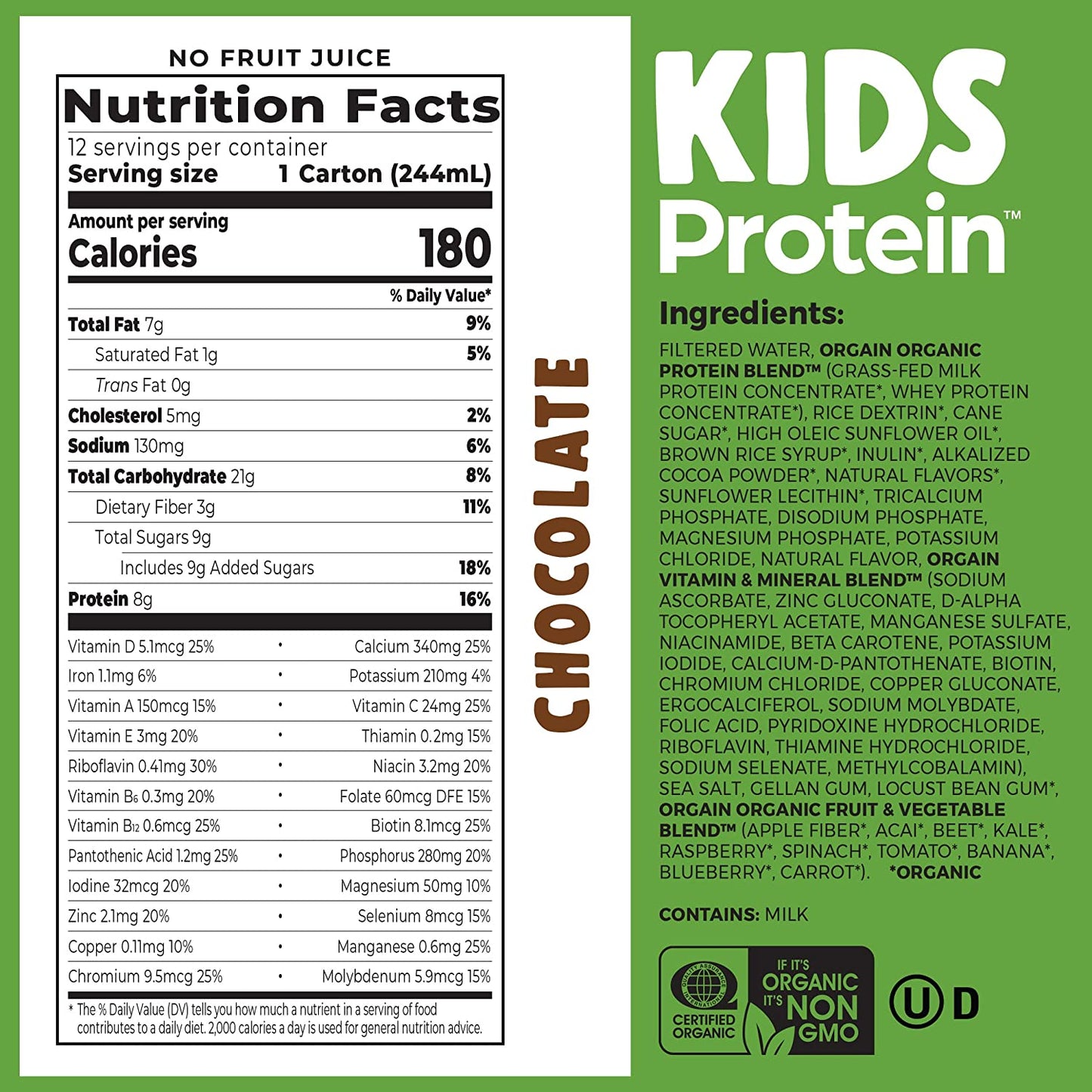 Orgain Organic Kids Protein Nutritional Shake, Chocolate - 8g of Protein, 22 Vitamins & Minerals, Fruits & Vegetables, Gluten Free, Soy Free, Non-GMO, 8.25 Oz, 12 Ct (Packaging May Vary)