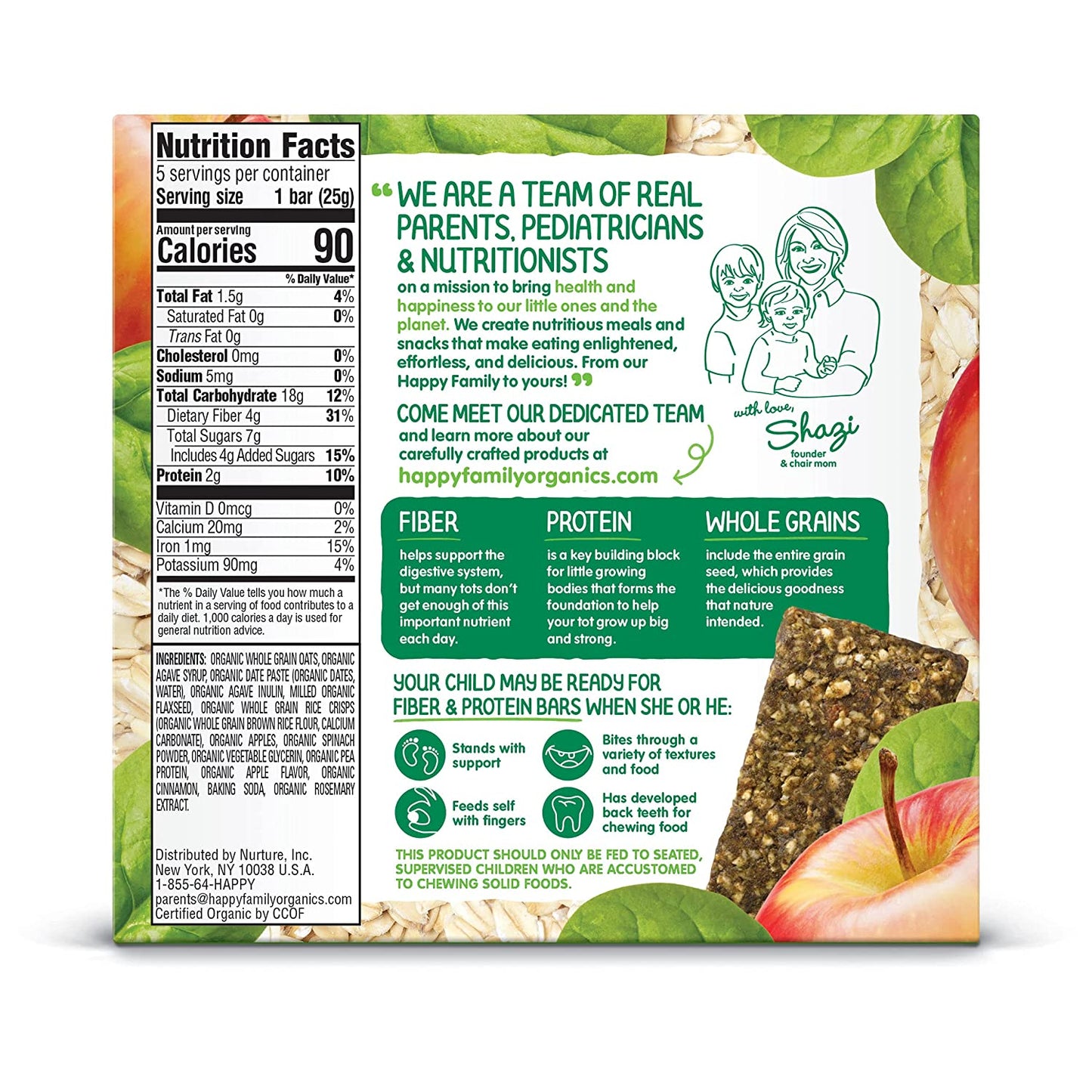 Happy Tot Organics Fiber & Protein Soft-Baked Oat Bars Toddler Snack Apple & Spinach, 0.88 Ounce Bars, 5 Count Box (Pack of 6) (Packaging May Vary)