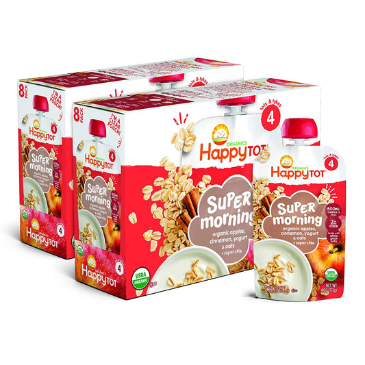 Happy Tot Organics Super Morning Stage 4, Apple Cinnamon, Yogurt, Oats + Super Chia, 4 Ounce Pouch (Pack of 8) packaging may vary