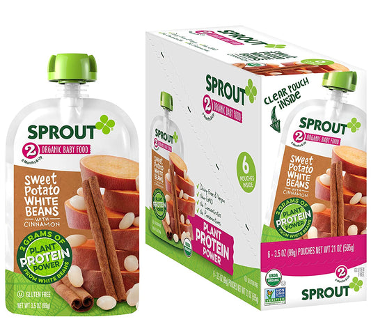 Sprout Organic Baby Food, Stage 2 Pouches, Sweet Potato & White Bean Plant Powered Protein, 3.5 Oz, Pack of 12