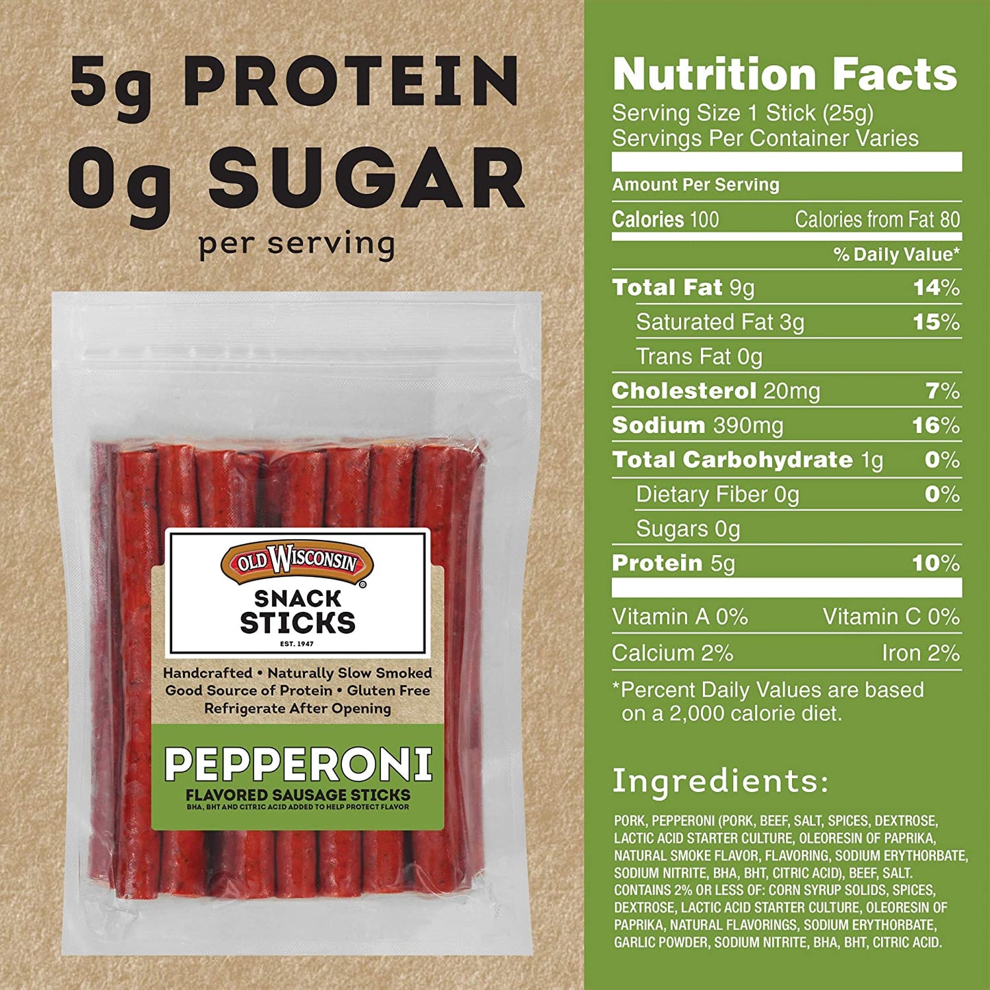 Old Wisconsin Pepperoni Sausage Snack Sticks, Naturally Smoked, Ready to Eat, High Protein, Low Carb, Keto, Gluten Free, 28 Ounce Resealable Package