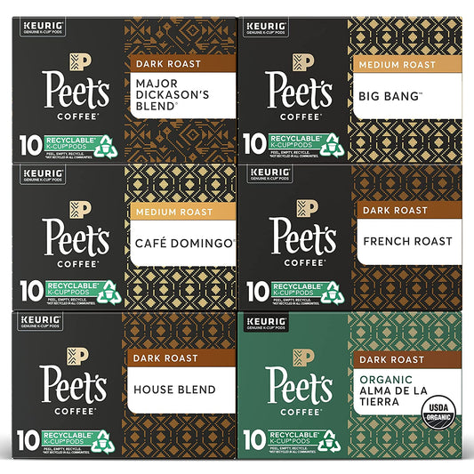 Peet’s Coffee, Bestsellers Variety Pack - 60 K-Cup Pods for Keurig Brewers (6 Boxes of 10 K-Cup Pods), Major Dickason’s, Big Bang, French Roast, Café Domingo, Organic Alma De La Tierra, House Blend