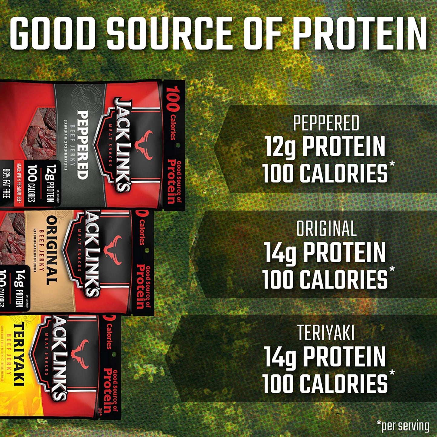 Jack Link’s Beef Jerky Variety Pack – Includes Original, Teriyaki, and Peppered Beef Jerky, Great for Lunch Boxes, Good Source of Protein – Pack of 15, 1.25 Oz Bags - 96% Fat Free, No Added MSG