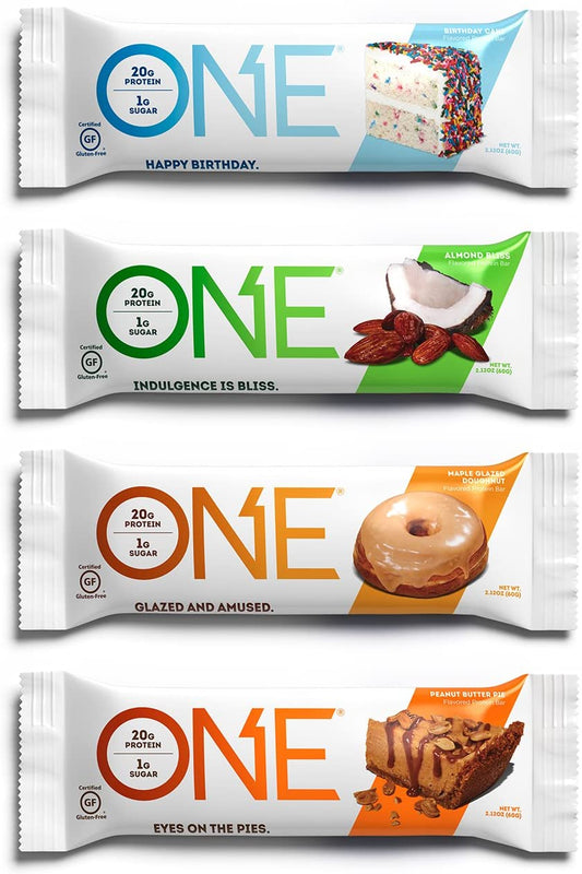 ONE Protein Bars, Best Sellers Variety Pack, Gluten Free 20g Protein and Only 1g Sugar, Birthday Cake, Almond Bliss, Maple Glazed Doughnut & Peanut Butter Pie, 2.12 oz (12 Pack)