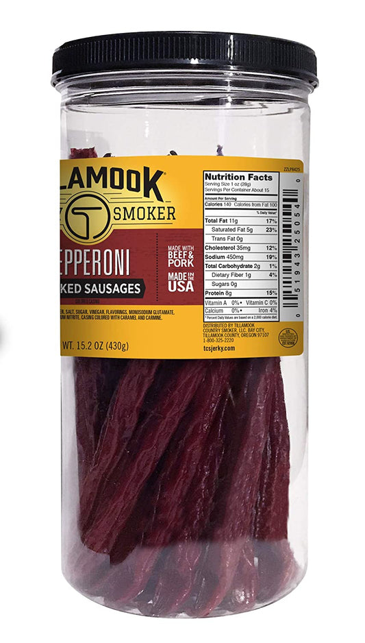 Tillamook Country Smoker Real Hardwood Smoked Sausages, Pepperoni, 15.2 Ounce Tall Jar, 20 Count