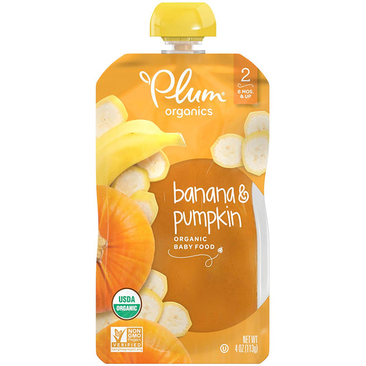 Plum Organics Baby Food Pouch | Stage 2 | Banana & Pumpkin | 3.5 Ounce | 12 Pack | Fresh Organic Food Squeeze | For Babies, Kids, Toddlers
