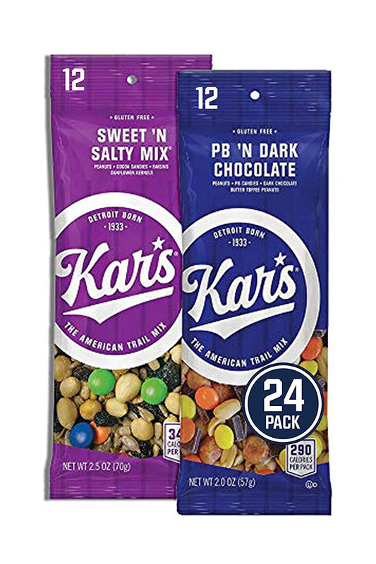 Kar's Nuts Trail Mix Variety Pack, Sweet ‘N Salty and Peanut Butter ‘N Dark Chocolate, Individually Wrapped, Gluten-Free Snack Mix, 24 Count