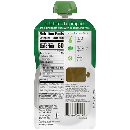 Plum Organics Baby Food Pouch | Stage 2 | Pear, Spinach and Pea | 3.5 Ounce | 12 Pack | Fresh Organic Food Squeeze | For Babies, Kids, Toddlers