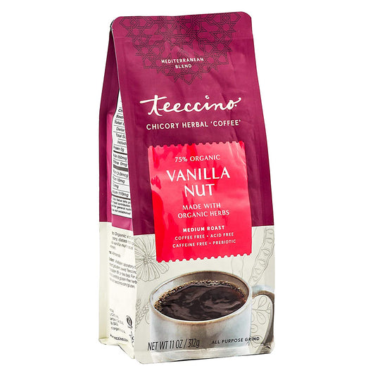 Teeccino Chicory Coffee Alternative - Vanilla Nut - Ground Herbal Coffee That’s Prebiotic, Caffeine Free & Acid Free, Medium Roast, 11 Ounce