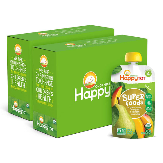 HAPPYTOT Organics Super Foods Stage 4, Pears, Mangos and Spinach + Super Chia, 4.22 Ounce Pouch (Pack of 16) packaging may vary