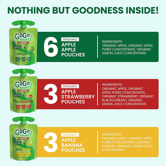 GoGo squeeZ Organic Fruit on the Go Variety Pack, Apple/Banana/Strawberry, 3.2 oz. (12 Pouches) - Made from Organic Apples, Bananas & Strawberries - Gluten Free Snacks - Nut & Dairy Free - Vegan Snack