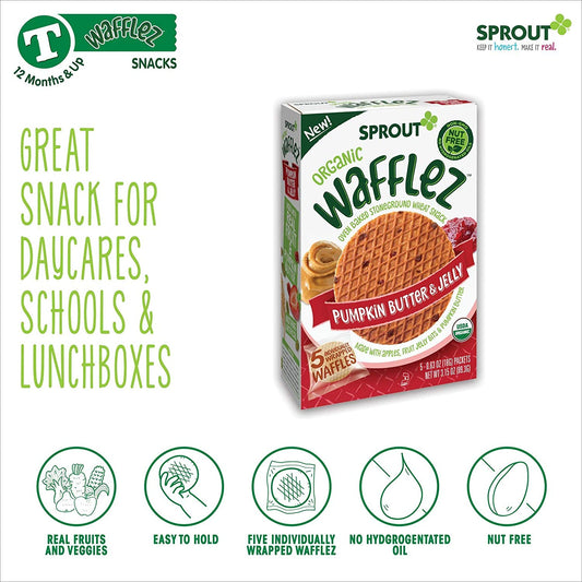 Sprout Organic Baby Food, Stage 4 Toddler Snacks, Pumpkin Butter & Jelly Wafflez, Single Serve Waffles, 0.63 Ounce (Pack of 5)