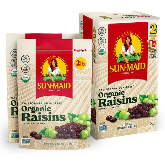 Sun-Maid - Organic California Raisins Snack - 32 Ounces - Pack of 2 - Whole Natural Dried Fruit - No Sugar Added - Naturally Gluten Free - Non-GMO - Vegan And Vegetarian Friendly