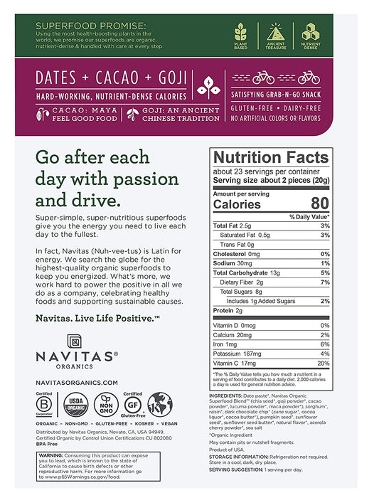 Navitas Organics Superfood Power Snacks, Cacao Goji, 16 oz. Bag, 23 Servings - Organic, Non-GMO, Gluten-Free
